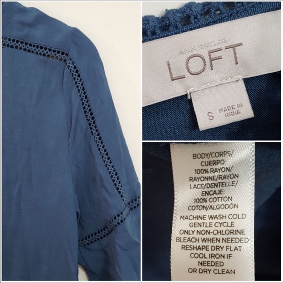 LOFT blue floral crochet trim short sleeve top - Picture 3 of 4